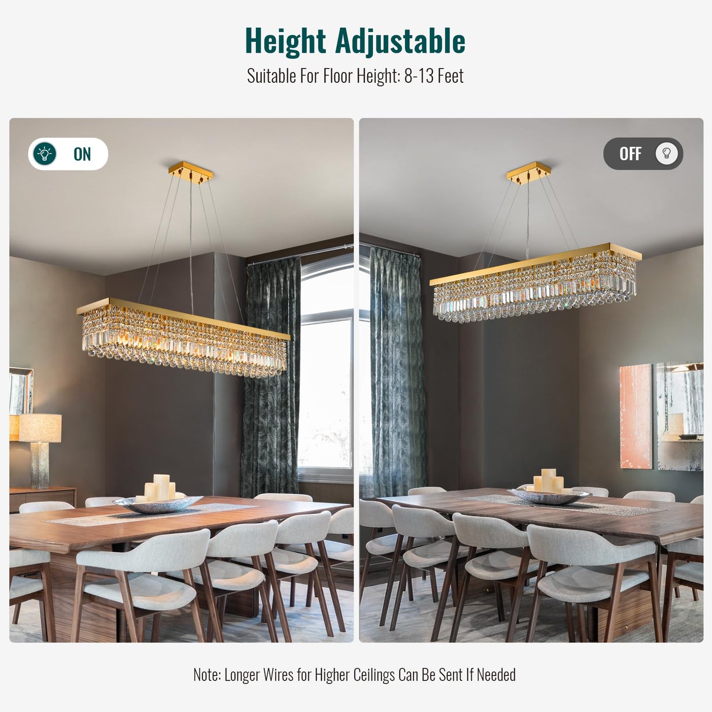 Siljoy 10-Light Modern Gold Crystal Chandelier, Rectangular Raindrop Pendant Ceiling Light for Dining Room, Kitchen Island, Bar