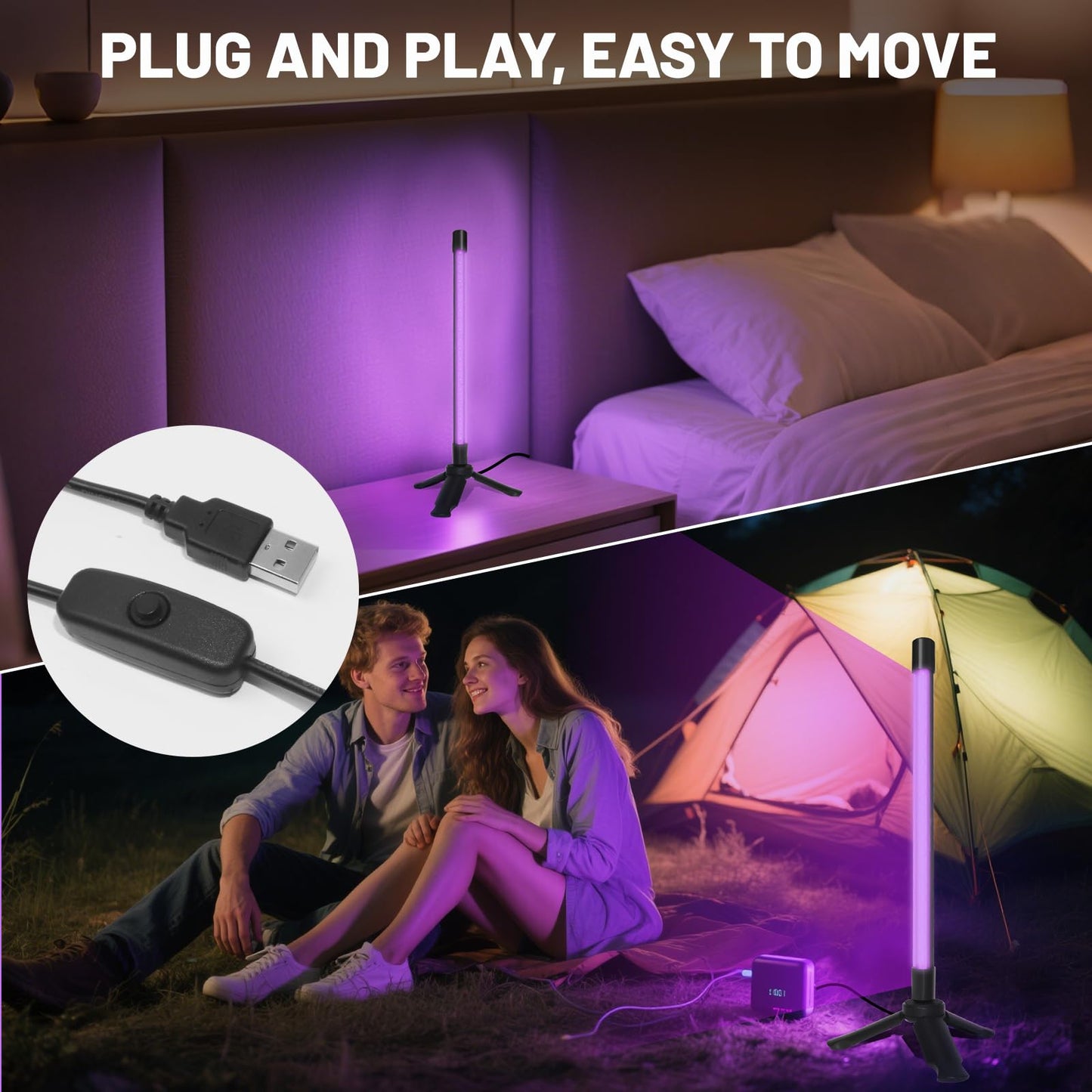 ycponggon 1-Pack LED Black Light with Stand, 10W 1FT Desktop Blacklight Fixture, Triangular Bracket, Vertical Table Light for Parties