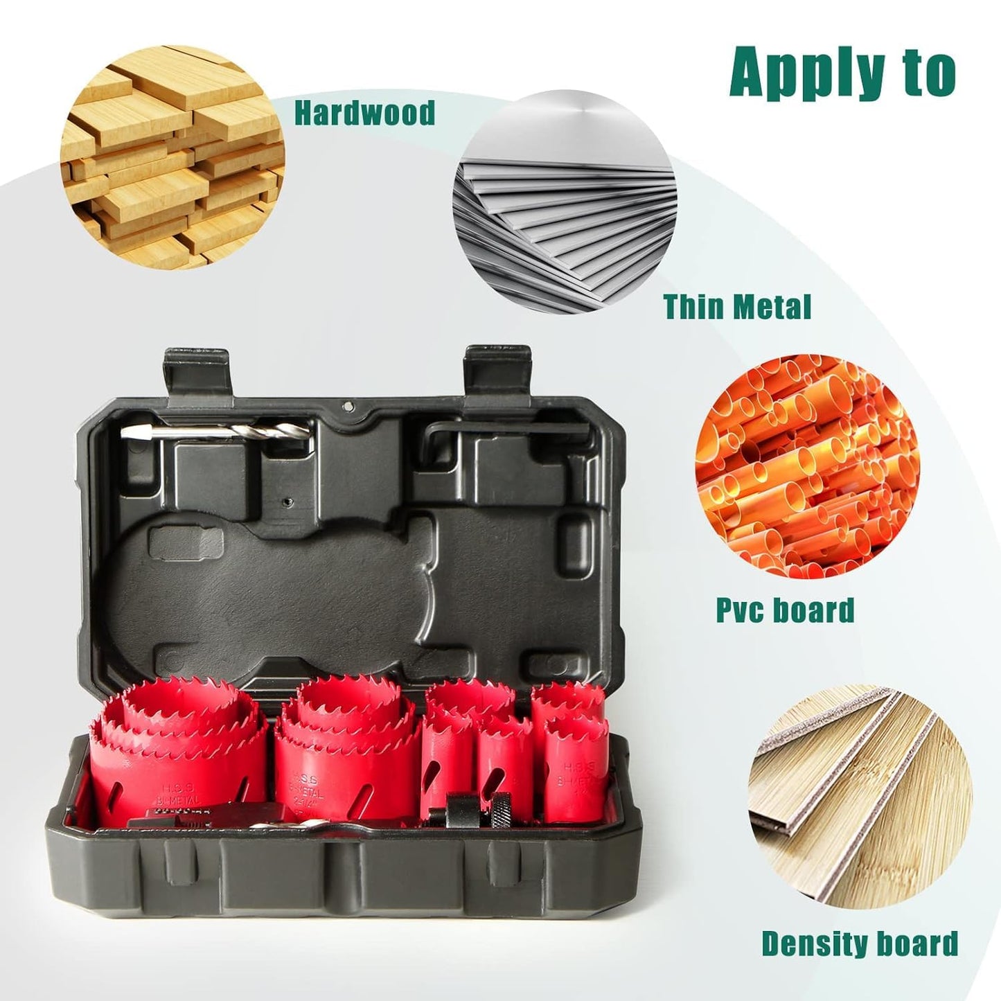 HYCHIKA 17-Pc Bi-Metal Hole Saw Kit, 3/4"–2-1/2", Includes Mandrels, Drill Bits for Metal, PVC, Plastic, Storage Case