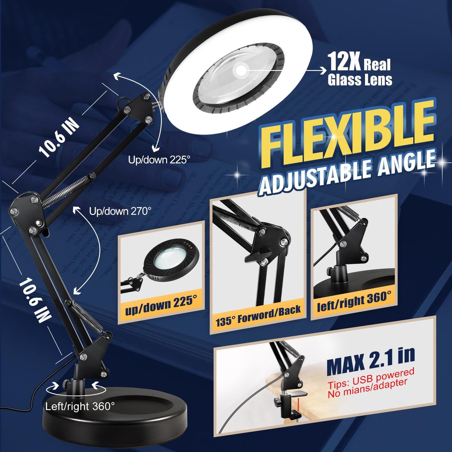 12X Magnifying Glass with Light & Stand, 144 LED Desktop Magnifying Lamp, 10 Dimmable Levels, 5 Color Modes, Hands-Free Metal Desk Lamp for Crafts, Reading & Close Work