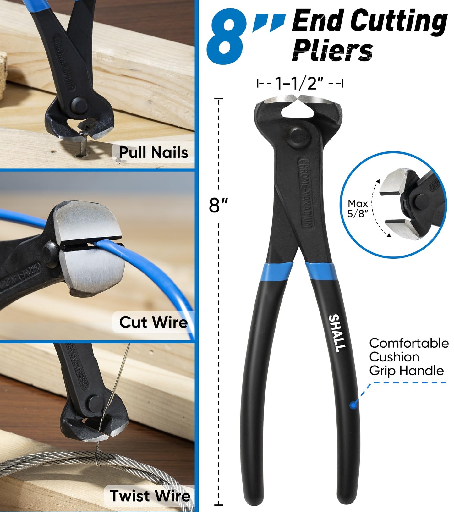 SHALL 4-Piece Pry Bar Set – 12" Cats Paw, 10" & 7.5" Flat Pry Bars, 8" End Cutting Pliers, Crowbar Nail Remover for Baseboards & Floors