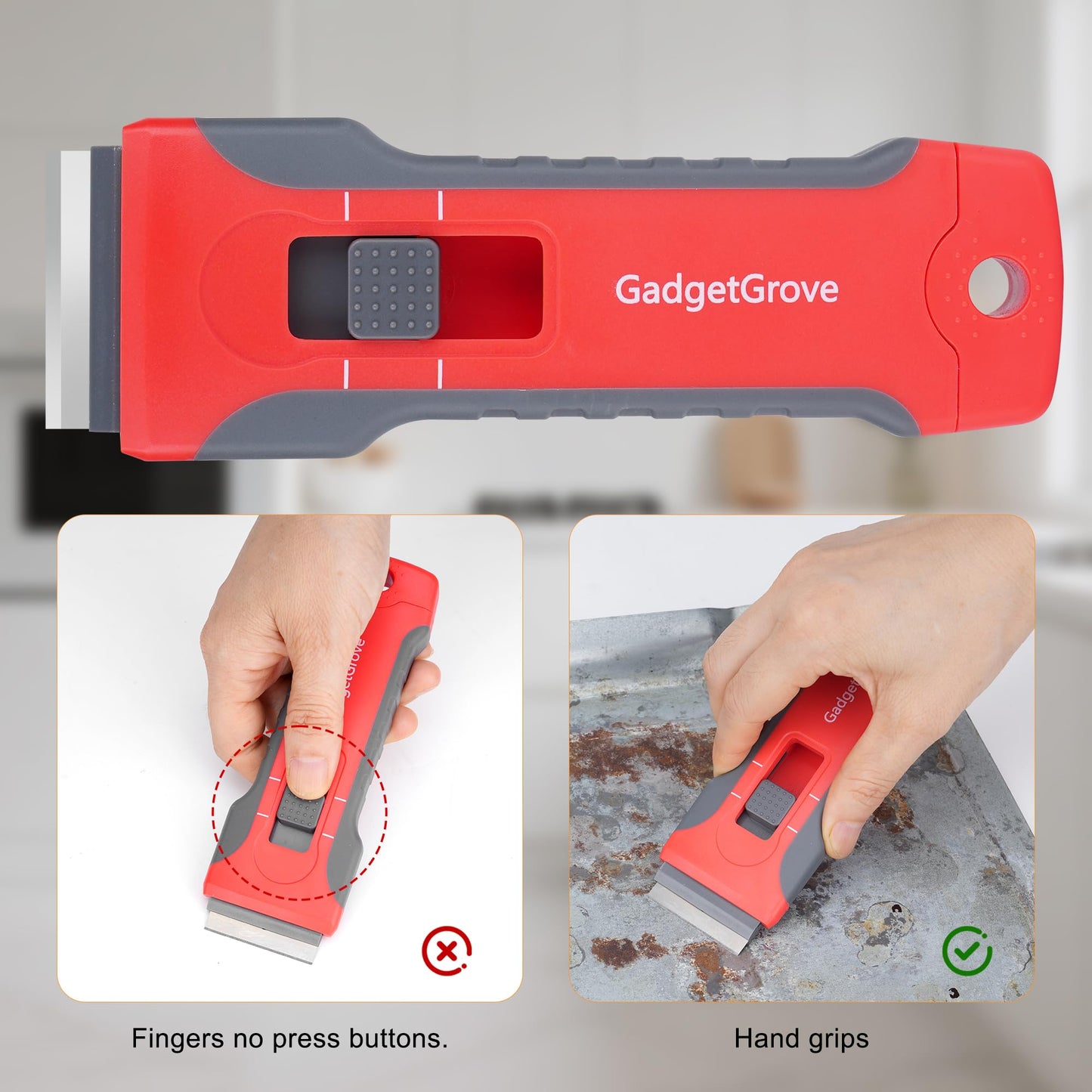 Razor Blade Scraper with 10 Blades & 3 Wire Brushes, Glass Window Cooktop Oven Stove Cleaner, Built-In Storage, Lock, Gray