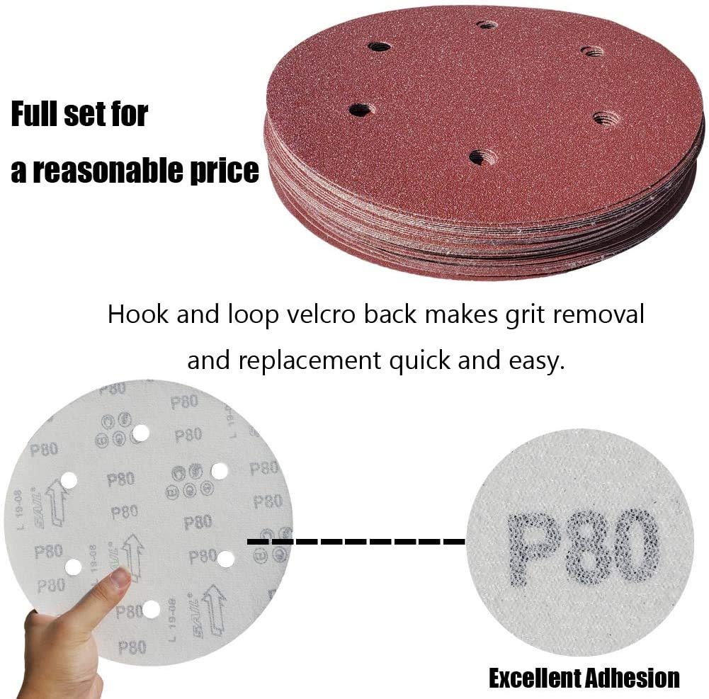 Tonmp 50 PCS 9 Inch 6 Hole Drywall Sanding Discs Set -10 Each of 60 80 120 150 240 Grits, 9" Hook-and-Loop Sandpaper for Electric Drywall Sander