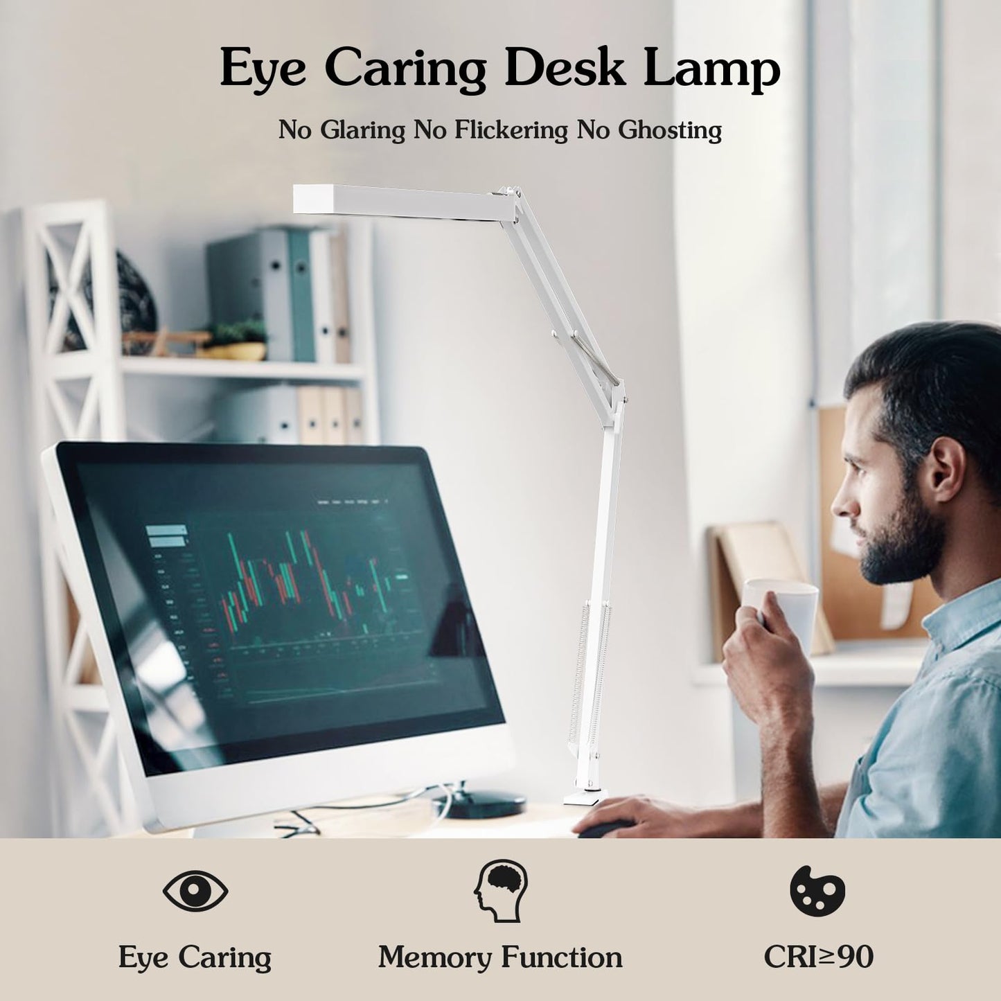 BZBRLZ LED Desk Lamp, 16” Wide Head Manicure Table Light, Dimmable Eye-Care Drafting Lamp, 3 Color Modes, 10 Brightness Levels, Memory Function, Adapter (White)
