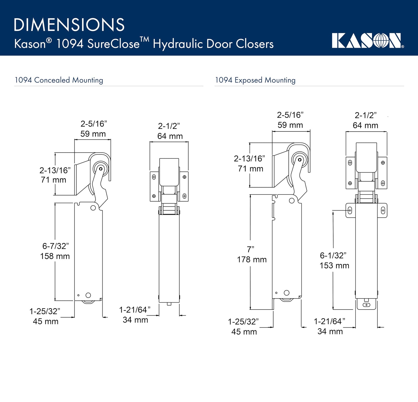 Kason 1094 SureClose Hydraulic Door Closer, Exposed Mounting, 11094000003