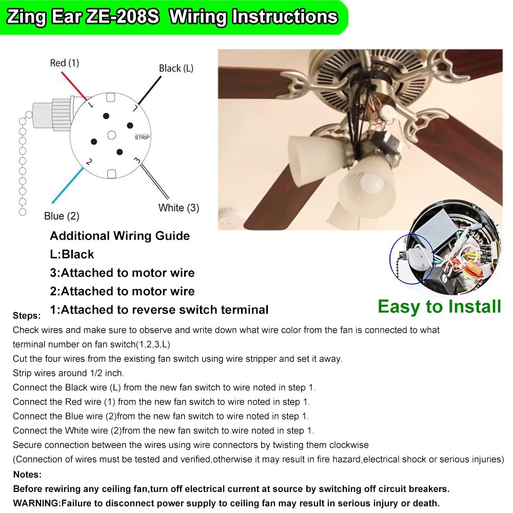 Zing Ear ZE-208s Ceiling Fan Pull Chain Switch, 3-Speed 4-Wire, Pre-Installed, Replacement for Hunter & Harbor Breeze Fans (Bronze)