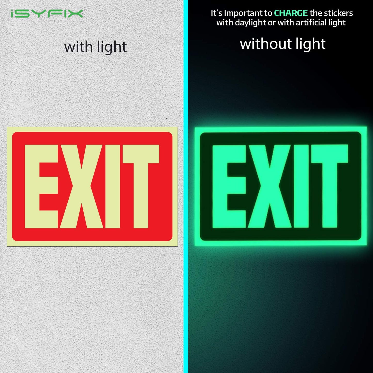 iSYFIX Exit Glow in the Dark Sign Stickers – 2 Pack 10x7 Inch, Red, Photoluminescent Vinyl, Laminated, Weather & UV Resistant, Indoor/Outdoor Use
