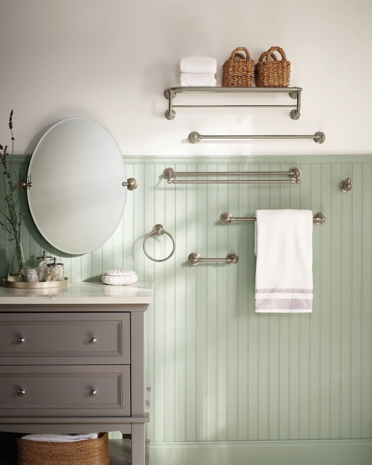 Moen Sage Collection Spot Resist Brushed Nickel 24-Inch Double Bathroom Towel Bar, Wall Mounted Bath Hanger with Two Rods, DN6822BN