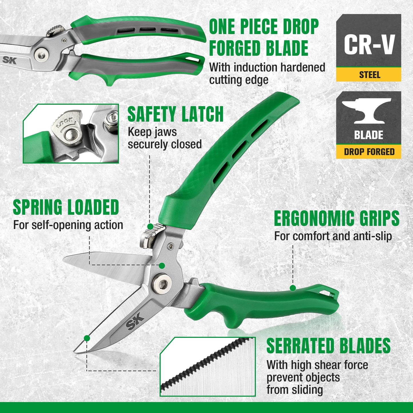 SK 8" Heavy Duty Scissors, All Purpose Shears, Drop Forged CR-V Blades with Safety Lock, Comfortable Grips