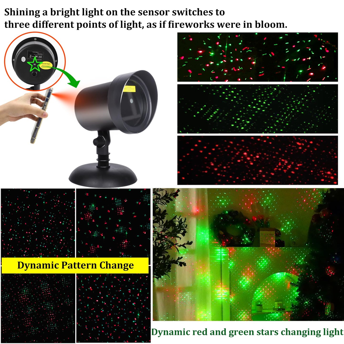 Outdoor Laser Christmas Lights Projector – Red & Green Stars, Motion & Dynamic Patterns for Holiday Home & Wall Decoration