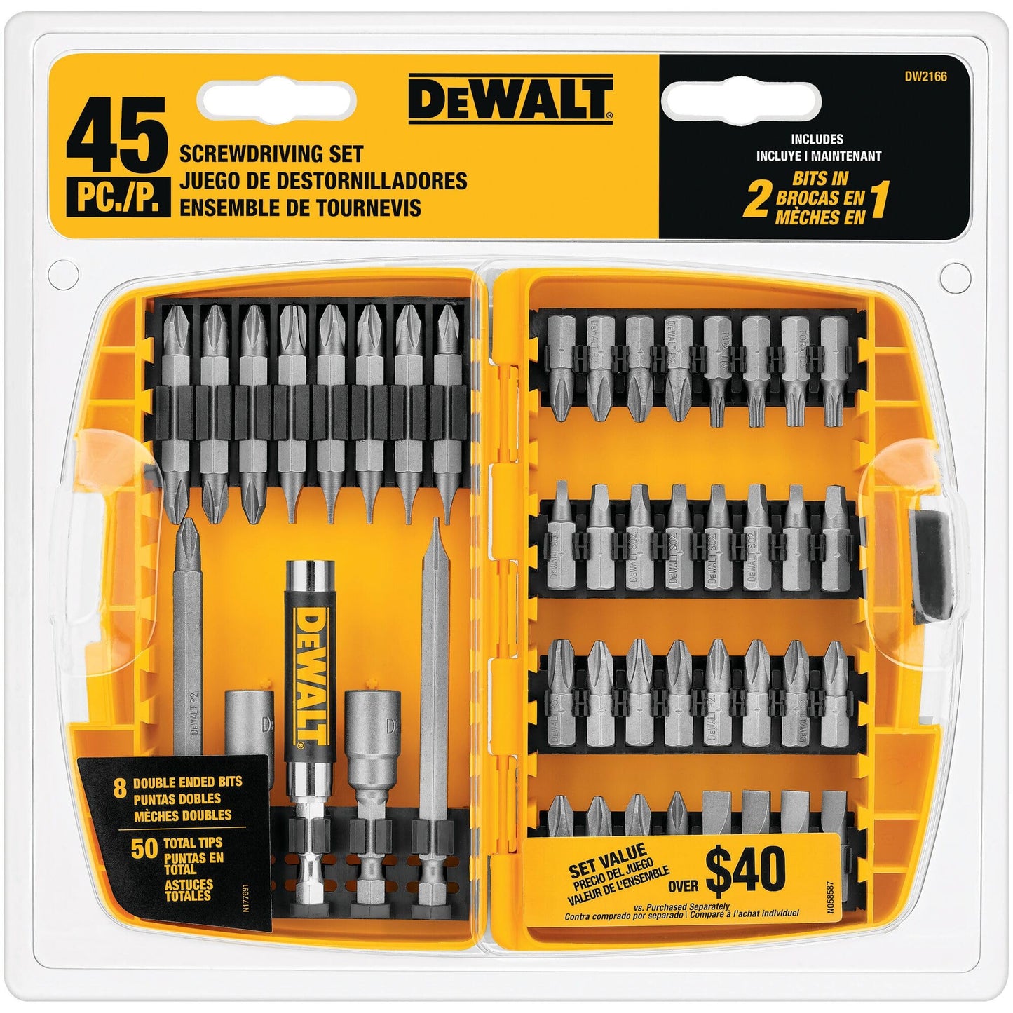 DEWALT Screwdriver Bit Set with Tough Case, 45-Piece (DW2166), Grey/Silver Screwdriving Set with Tough Case