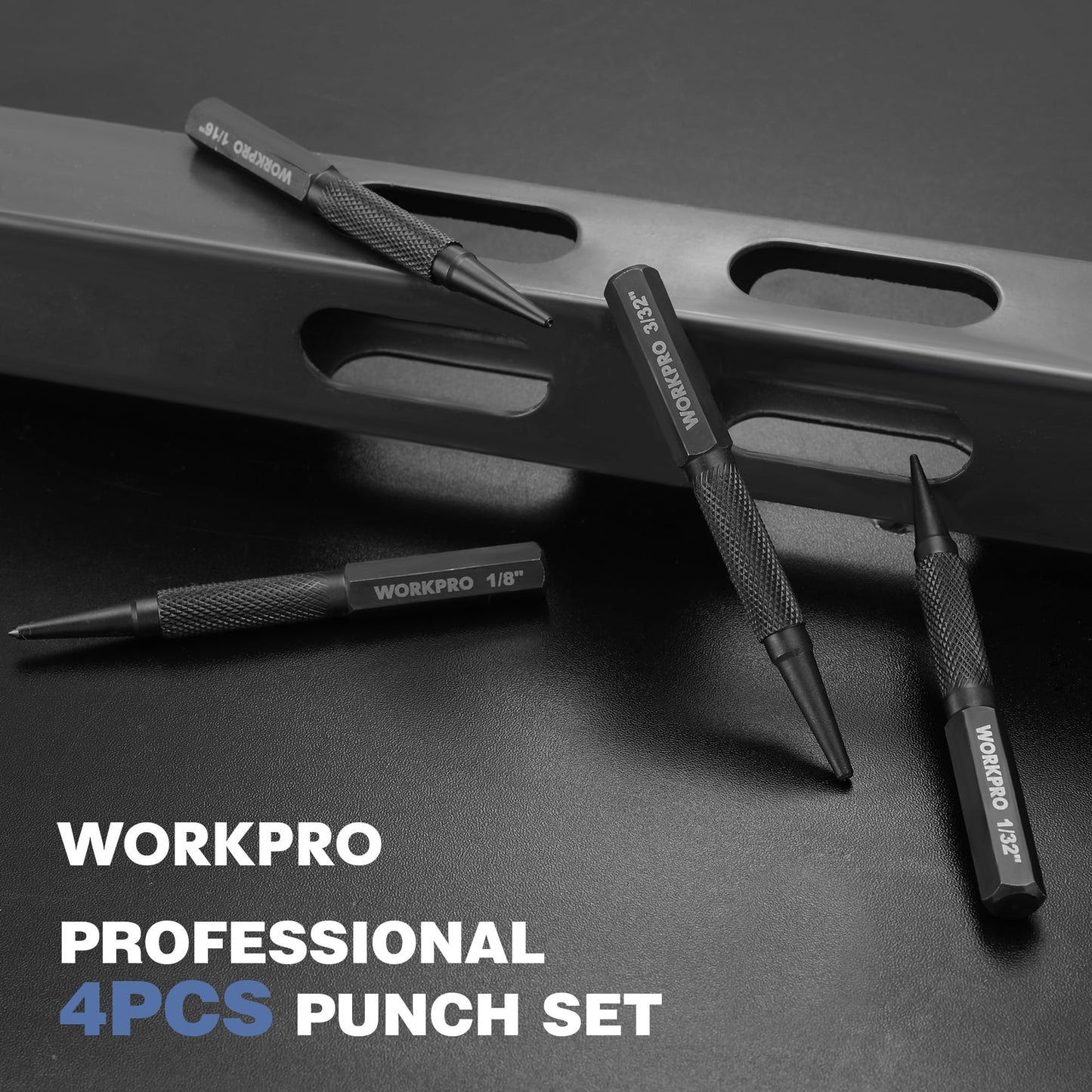 WORKPRO 4-Piece Nail Punch and Center Punch Set, Hardened Cr-V Steel with Knurled Grip,1/32", 1/16", 3/32" Nail Setter & 1/32" Center Punch Tool