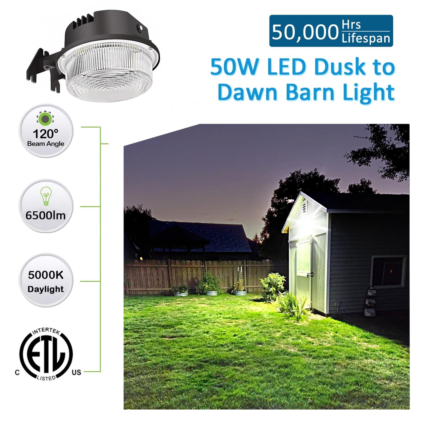 SZGMJIA LED Barn Light 5000K 7500lm, Dusk-to-Dawn Outdoor Yard Light, 500W MH/HPS Replacement, AC100-277V, IP65 Waterproof
