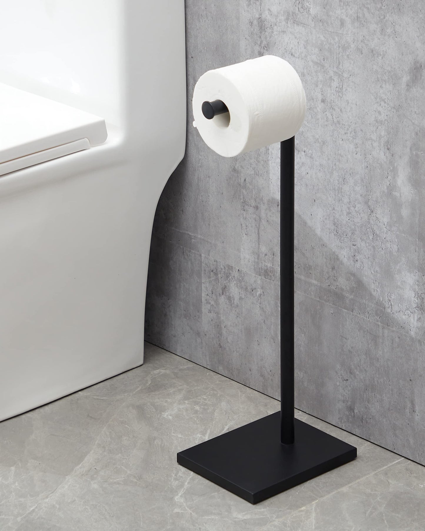 Free Standing Bathroom Toilet Paper Holder Stand with Reserve, Stainless Steel Pedestal Tissue Roll Holder, Black DECLUTTR