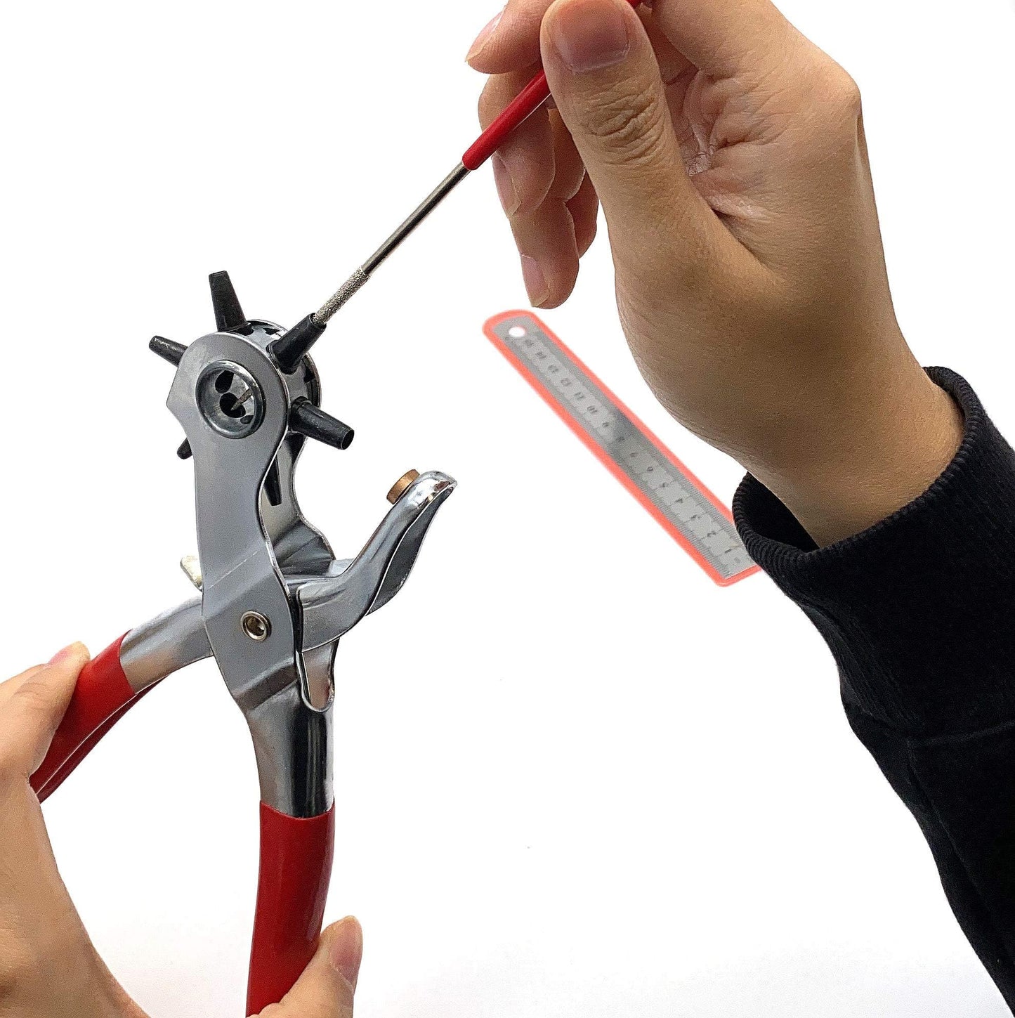 Adorox Leather Hole Punch – 6-Size Revolving Heavy Duty Punch Tool with Ruler & Deburring File for Belts, Straps, DIY Leathercraft