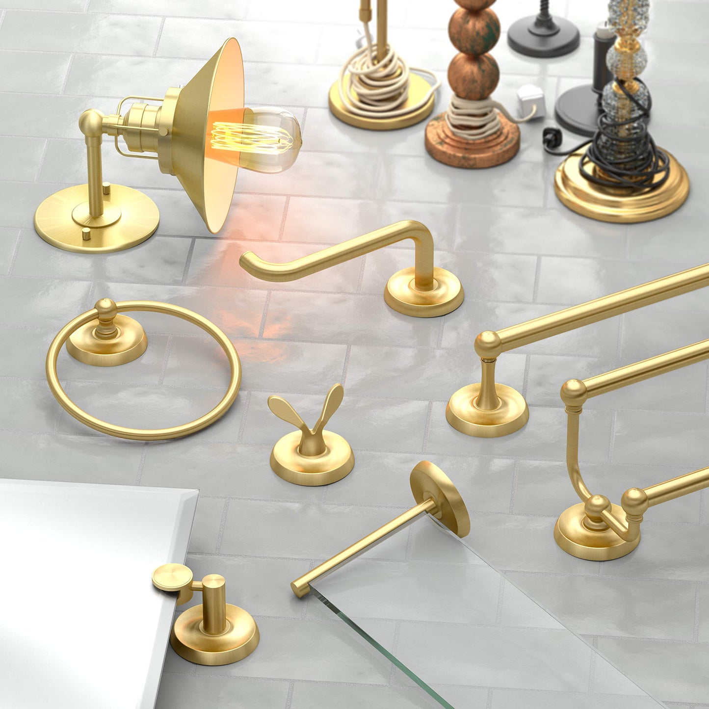 Gatco 5057 Designer II Glass Shelf, Brushed Brass/Wall Mounted 22.50" x 5.85" Tempered/Floating Rectangle Glass Shelf for Bathroom