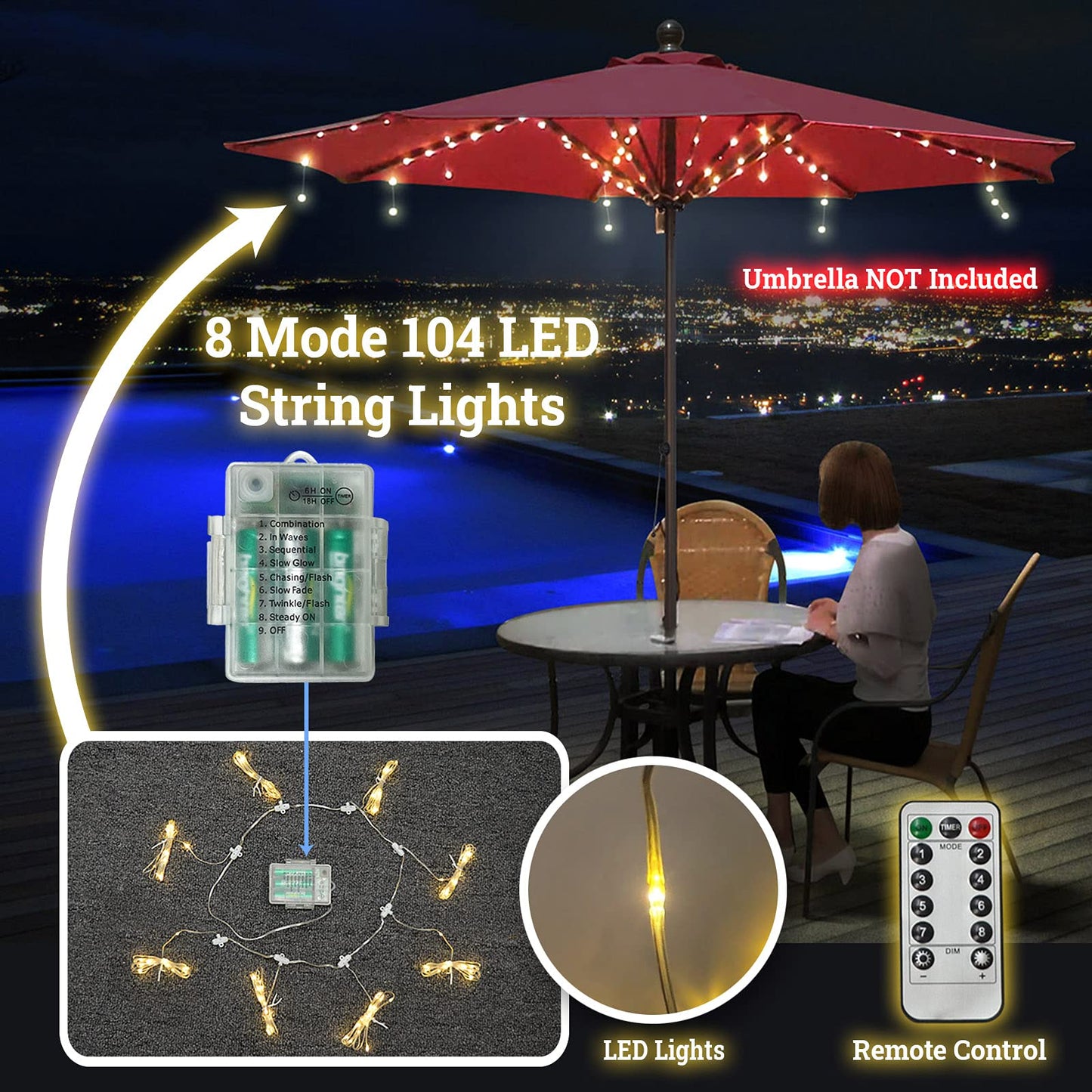 BenefitUSA Patio Umbrella Lights, Warm White 104 LED, 8 Modes, Battery & Remote Controlled, Perfect for Outdoor Garden, Restaurant, Party