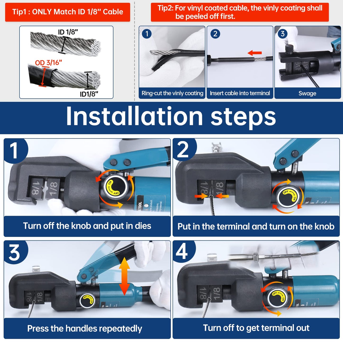 Muzata Hydraulic Cable Railing Crimping Tool, Wire Rope Swaging Kit with Cutter for 1/8" Stainless Steel Cables CR09 CK12