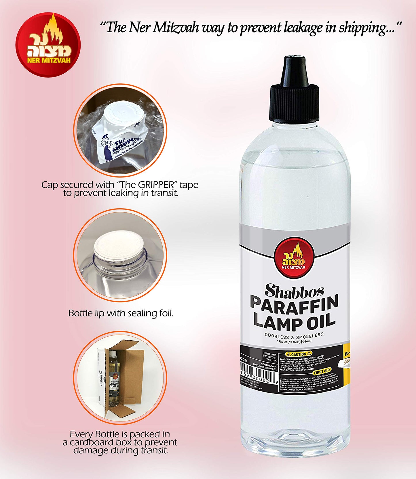 Ner Mitzvah Paraffin Lamp Oil, Clear Smokeless, Odorless, Clean Burning Fuel for Indoor and Outdoor, Use with E - Z Fill Cap and Pouring Spout, 32oz