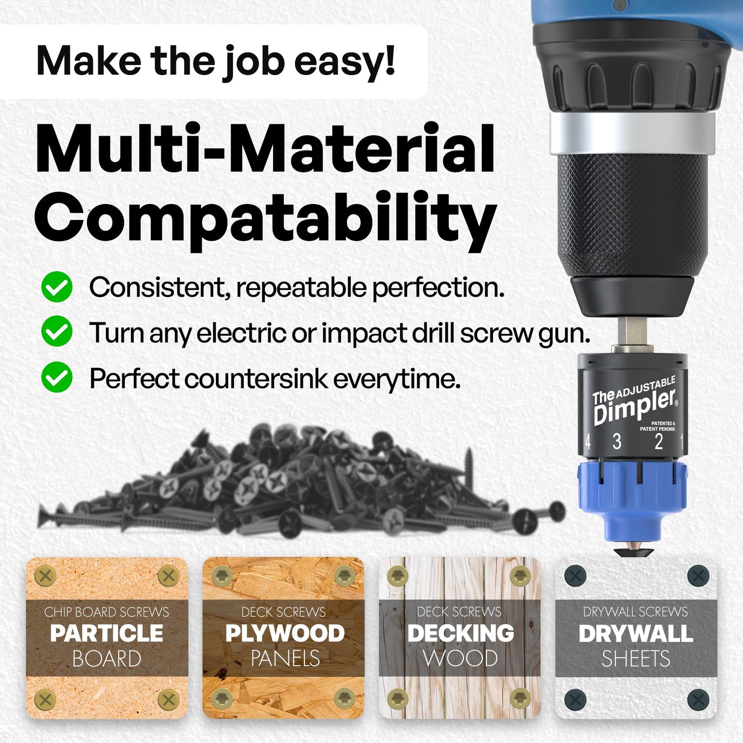 Adjustable DIMPLER® Drywall Bit & Screw Gun Attachment – Converts Drill into Drywall Screw Gun or Deck Screwdriver, Magnetic Bit Holder for Fast, Accurate Installation