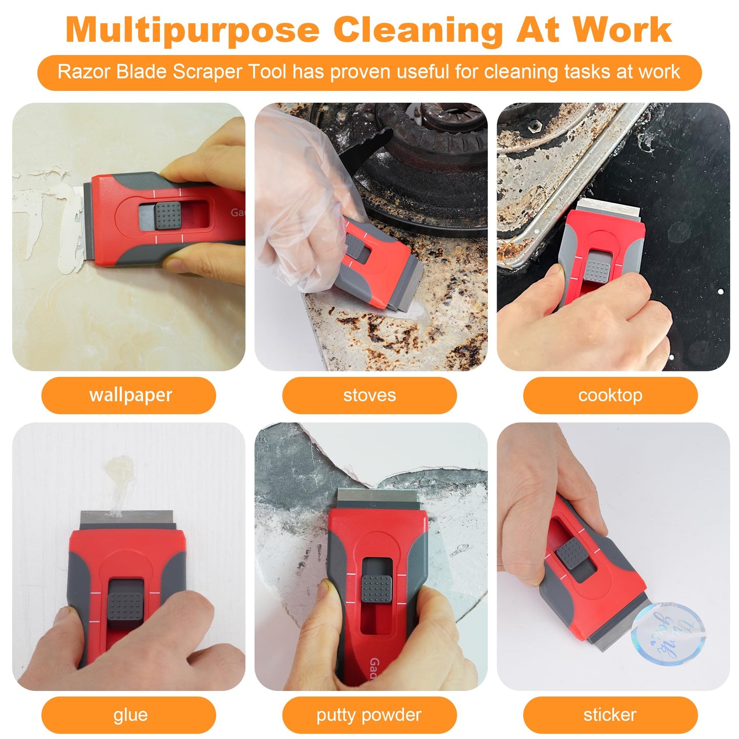 Razor Blade Scraper with 10 Blades & 3 Wire Brushes, Glass Window Cooktop Oven Stove Cleaner, Built-In Storage, Lock, Gray