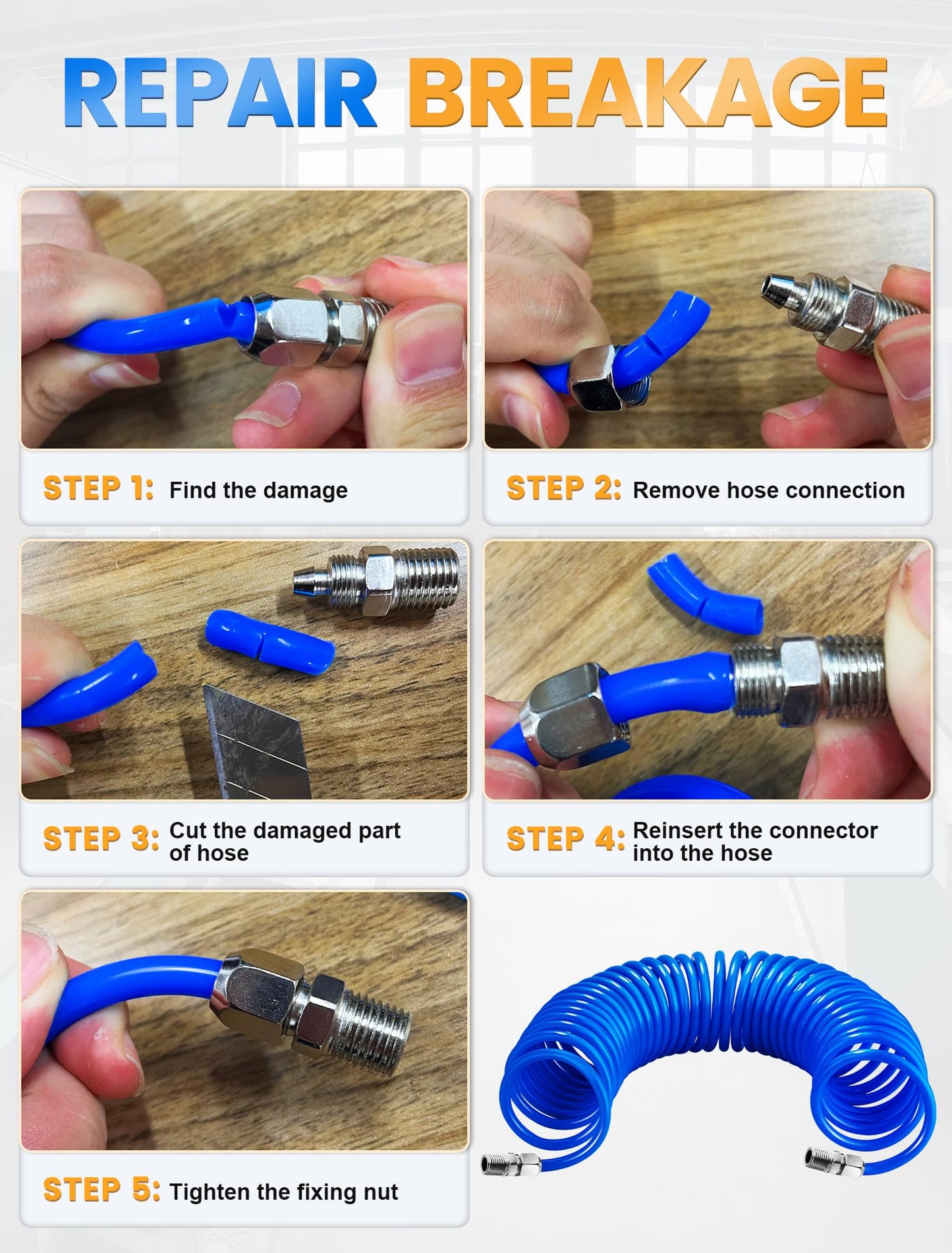 SARDVISA 25ft PU Recoil Air Hose, 1/4" NPT Quick Coupler & I/M Plug Kit, Repairable, 200PSI Max, Industrial Air Compressor Hose