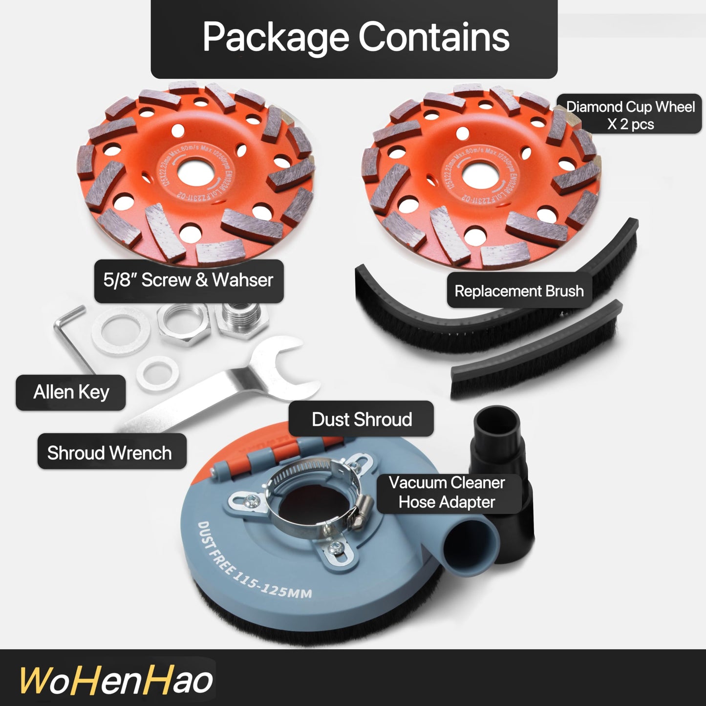Wohenhao Angle Grinder Dust Shroud 4.5-5" + 2 Diamond Grinding Cup Wheels 5" + Replacement Brush, Universal Surface Grinding Kit