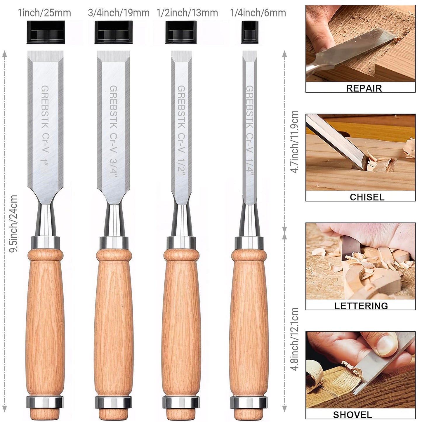 GREBSTK 4 Pcs Wood Chisel Set CRV Steel Bevel Sharp Edge Bench Chisels with Safety Caps for Woodworking and DIY Projects 1/4", 1/2", 3/4", 1"