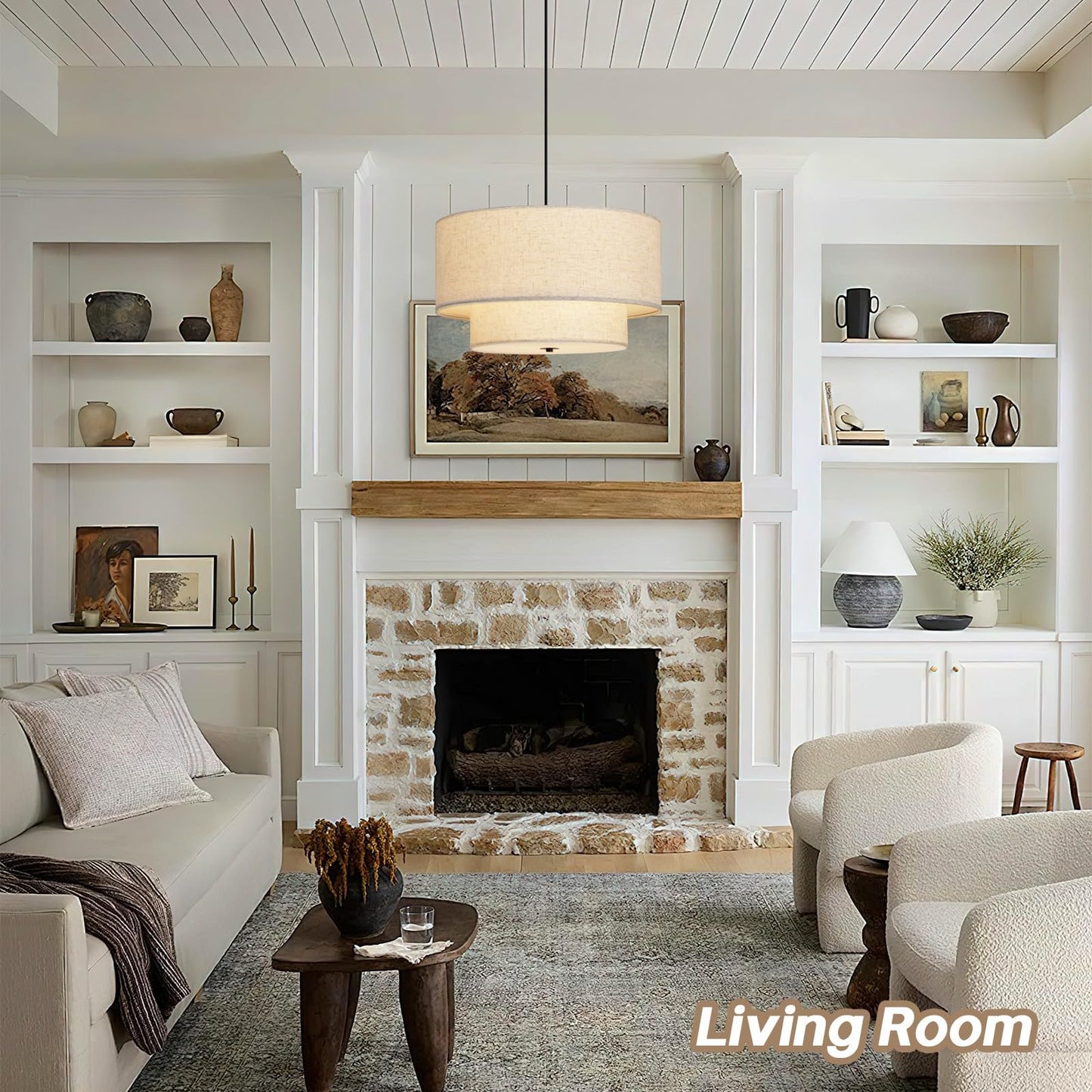 **HILUXIA 18” Modern Double Drum Fabric Pendant Light, Dual Layer Hanging Ceiling Chandelier for Dining Room, Living Room, Bedroom & Kitchen**