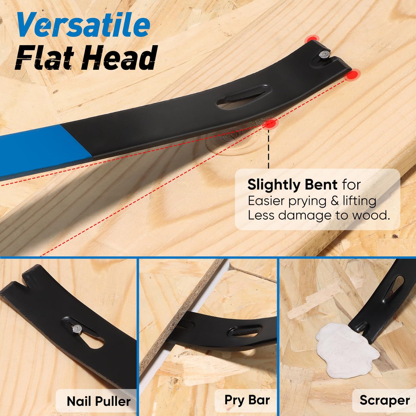 SHALL 4-Piece Pry Bar Set – 12" Cats Paw, 10" & 7.5" Flat Pry Bars, 8" End Cutting Pliers, Crowbar Nail Remover for Baseboards & Floors