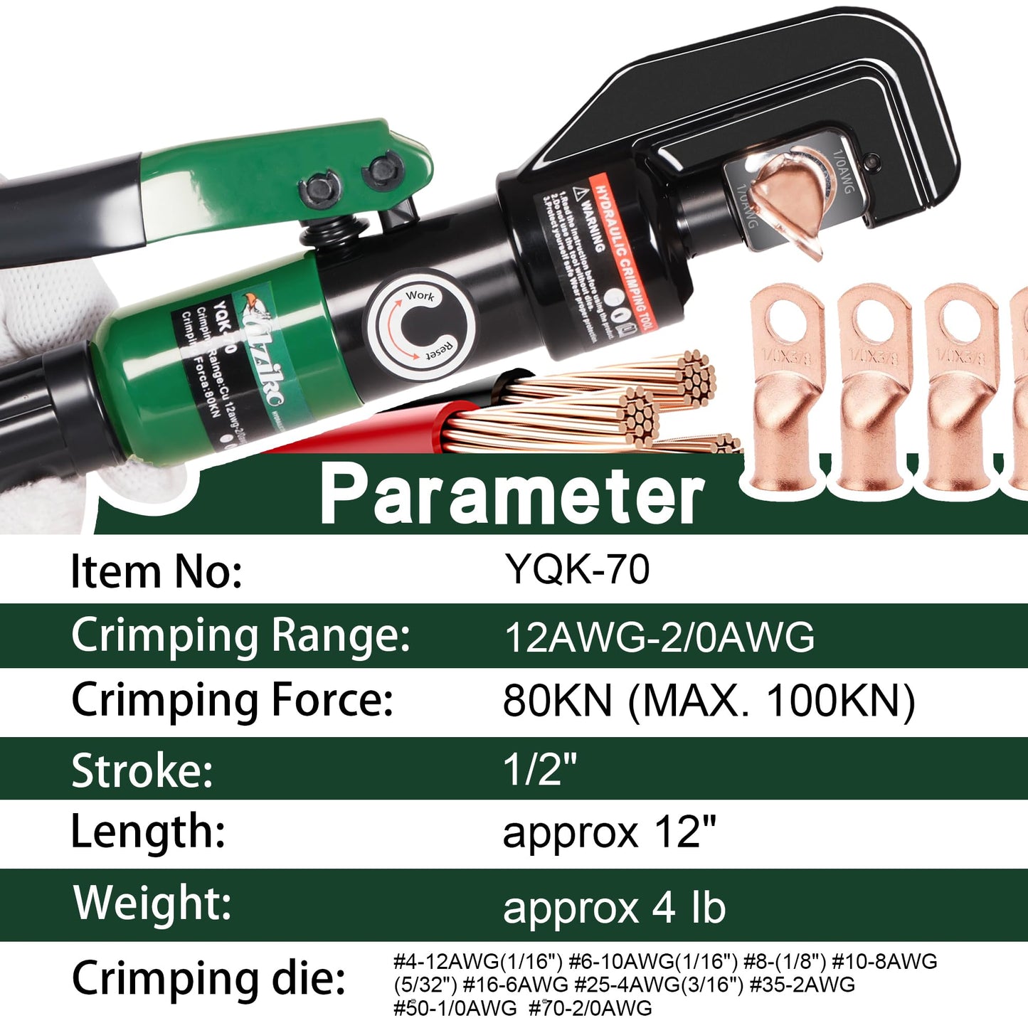 UTZIKO Hydraulic Cable Lug Crimper 10 US TON 12 AWG to 00 (2/0) Electrical Terminal Cable Wire Tool Kit with 9 Die (12awg~00awg Crimping Tool)
