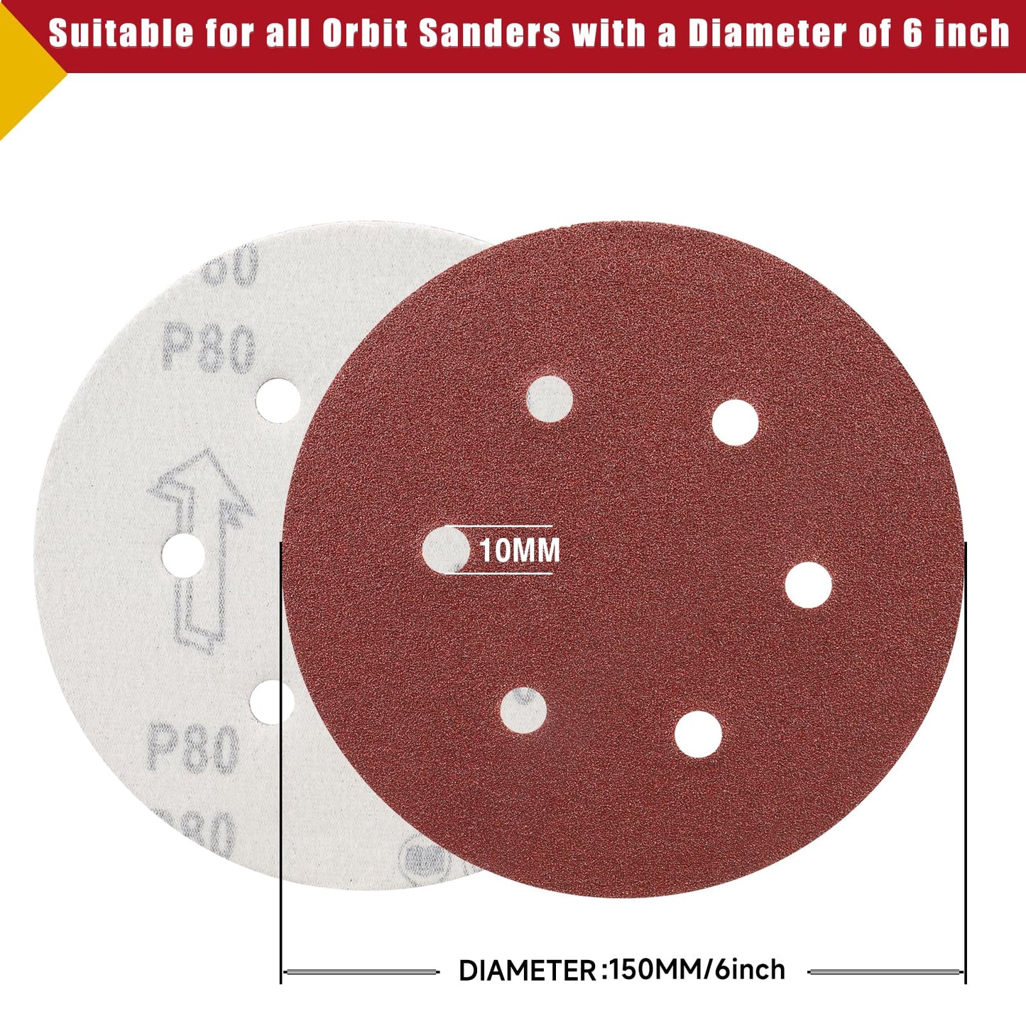 100 PCS 6 Inch Sanding Discs, 6 Hole Hook and Loop Sandpaper 60 80 120 240 400 Grit Set, Round Orbital Sand Paper Discs for Sander