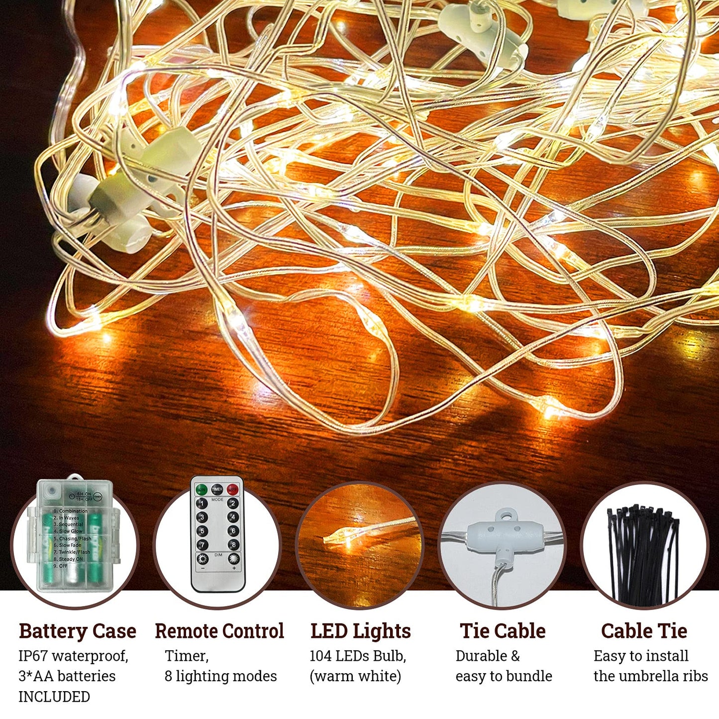 BenefitUSA Patio Umbrella Lights, Warm White 104 LED, 8 Modes, Battery & Remote Controlled, Perfect for Outdoor Garden, Restaurant, Party