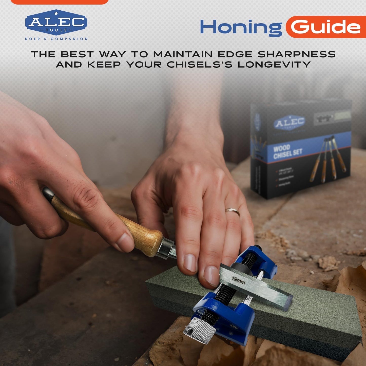 Alec Tools 4-Pc Wood Chisel Set with Sharpening Stone & Honing Guide – Pre-Sharpened Blades for Woodworking, DIY, Hobby, Professional Use