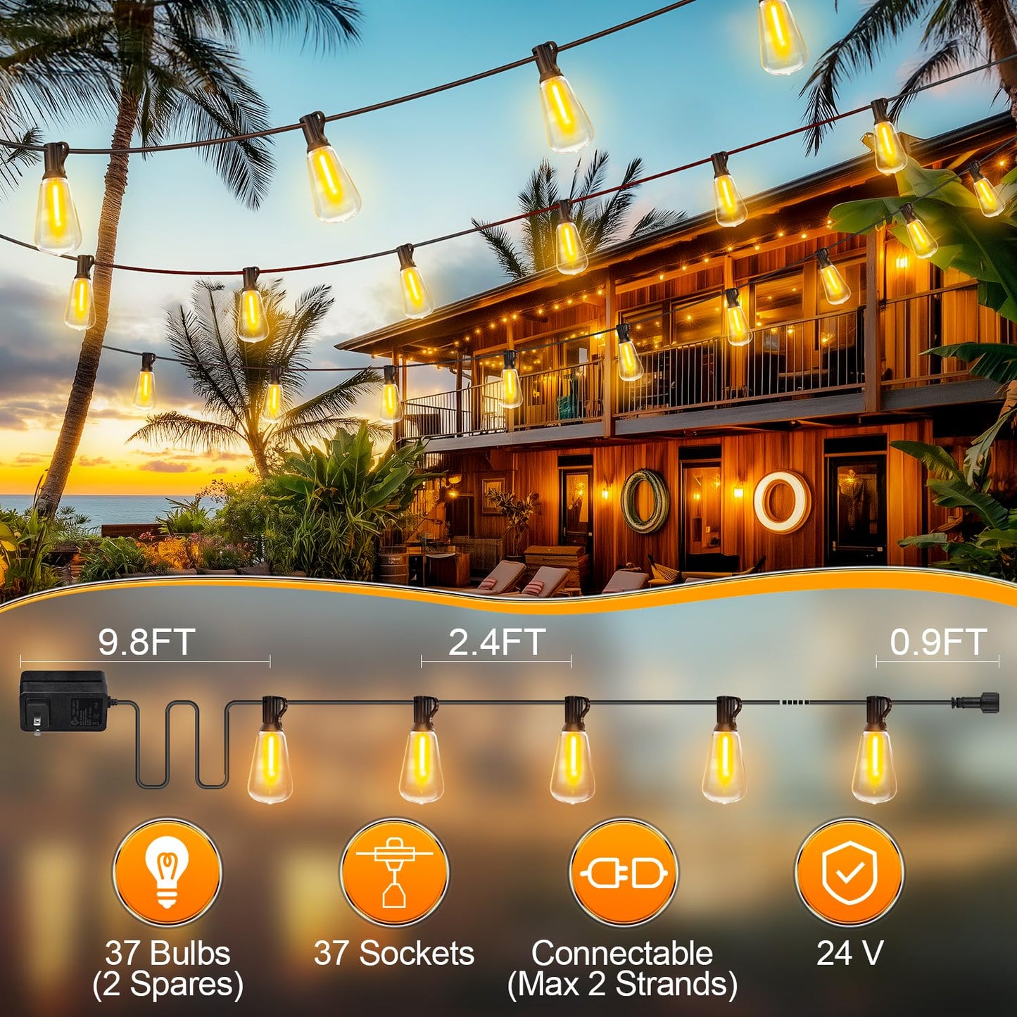 100Ft Outdoor String Lights, Waterproof ST38 LED Bulbs, Dimmable with Remote, Connectable for Patio, Backyard, Porch, Gazebo, Party