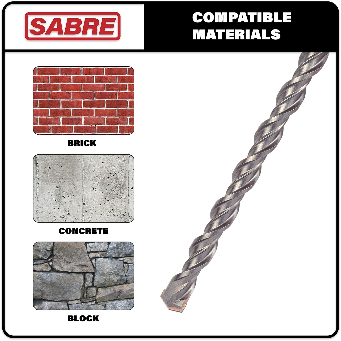 Sabre Tools 3/16 Inch x 12 Inch SDS Plus Rotary Hammer Drill Bit, Carbide Tipped for Brick, Stone, and Concrete (3/16" x 10" x 12")