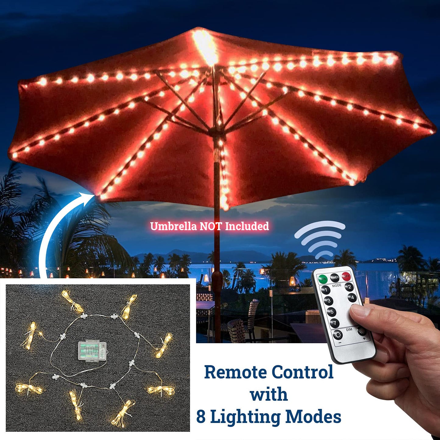 BenefitUSA Patio Umbrella Lights, Warm White 104 LED, 8 Modes, Battery & Remote Controlled, Perfect for Outdoor Garden, Restaurant, Party