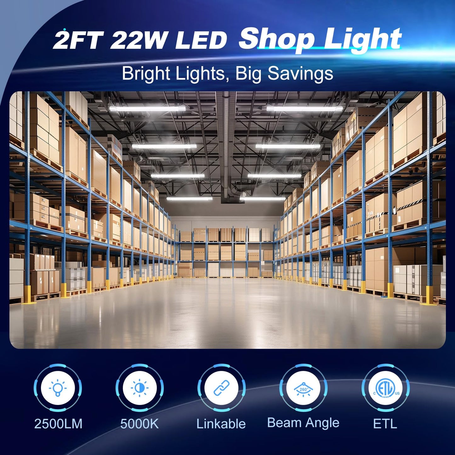 Hykolity 4-Pack 2FT LED Shop Light, 22W 2500lm Daylight, Linkable Garage/Workshop Fixture, Hanging or Flush Mount, White, ETL