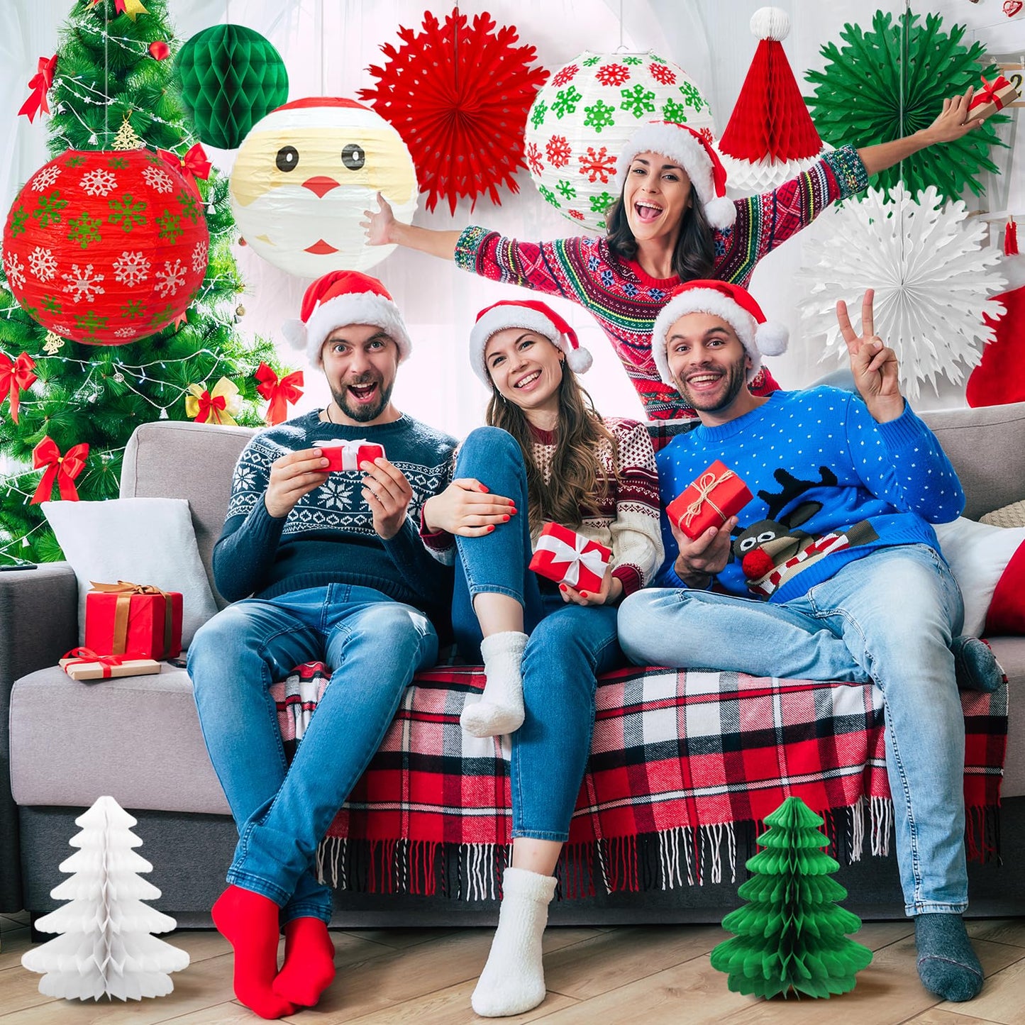 Christmas Honeycomb Paper Lantern Set – Hanging Decorations, Santa Hat, Trees, Lanterns & Paper Fans for Holiday & XMAS Party Decor