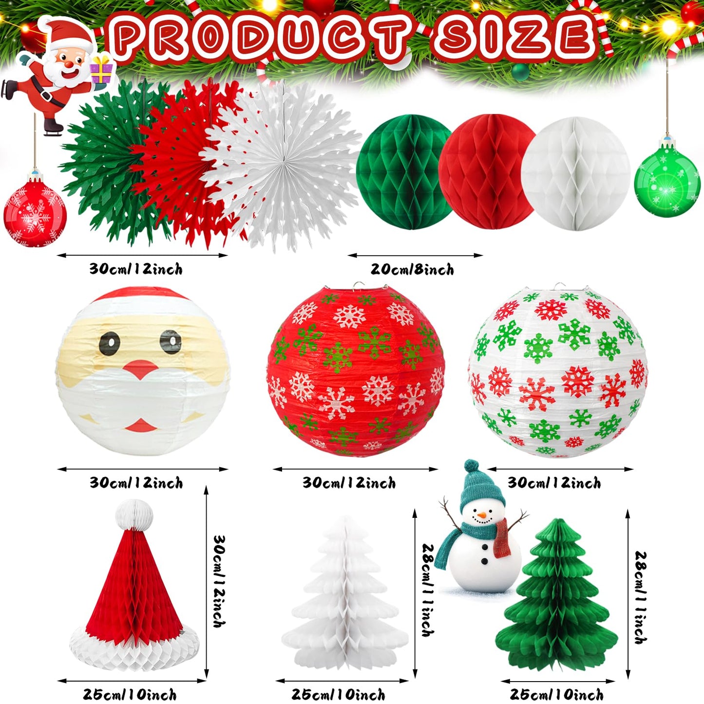 Christmas Honeycomb Paper Lantern Set – Hanging Decorations, Santa Hat, Trees, Lanterns & Paper Fans for Holiday & XMAS Party Decor