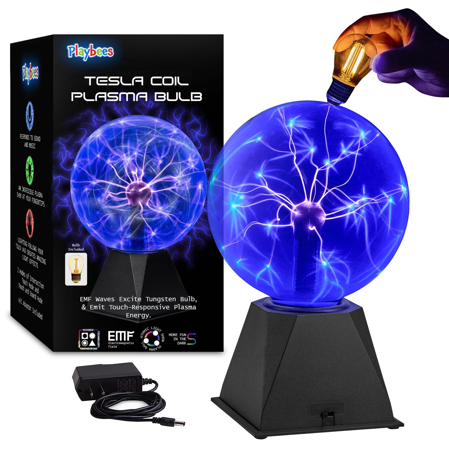Playbees 7" Blue Plasma Ball - Tesla Coil Lightning Globe, Static Electricity Lamp, Nebula Effect, Plug-In for Parties, STEM, Decor