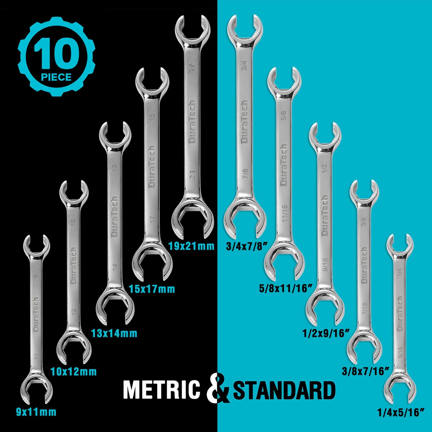 DURATECH Flare Nut Wrench Set, Standard & Metric, 10-Piece, 1/4" to 7/8'' & 9-21mm, CR-V Steel, Organizer Pouch Included