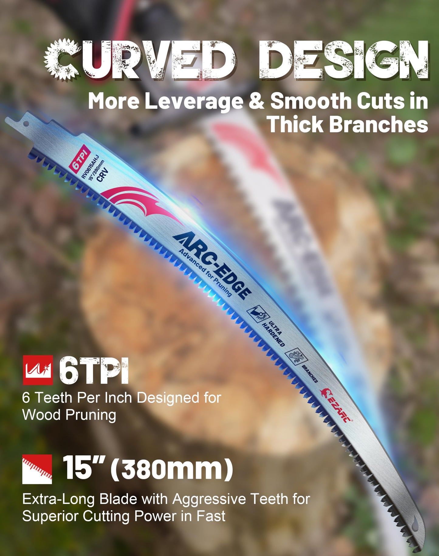 EZARC Japanese Teeth Reciprocating Saw Blade 15 Inch, Arc Edge Wood Pruning Saw Blades 6TPI for Tree Trimming, Wood Cutting, 3 Pieces