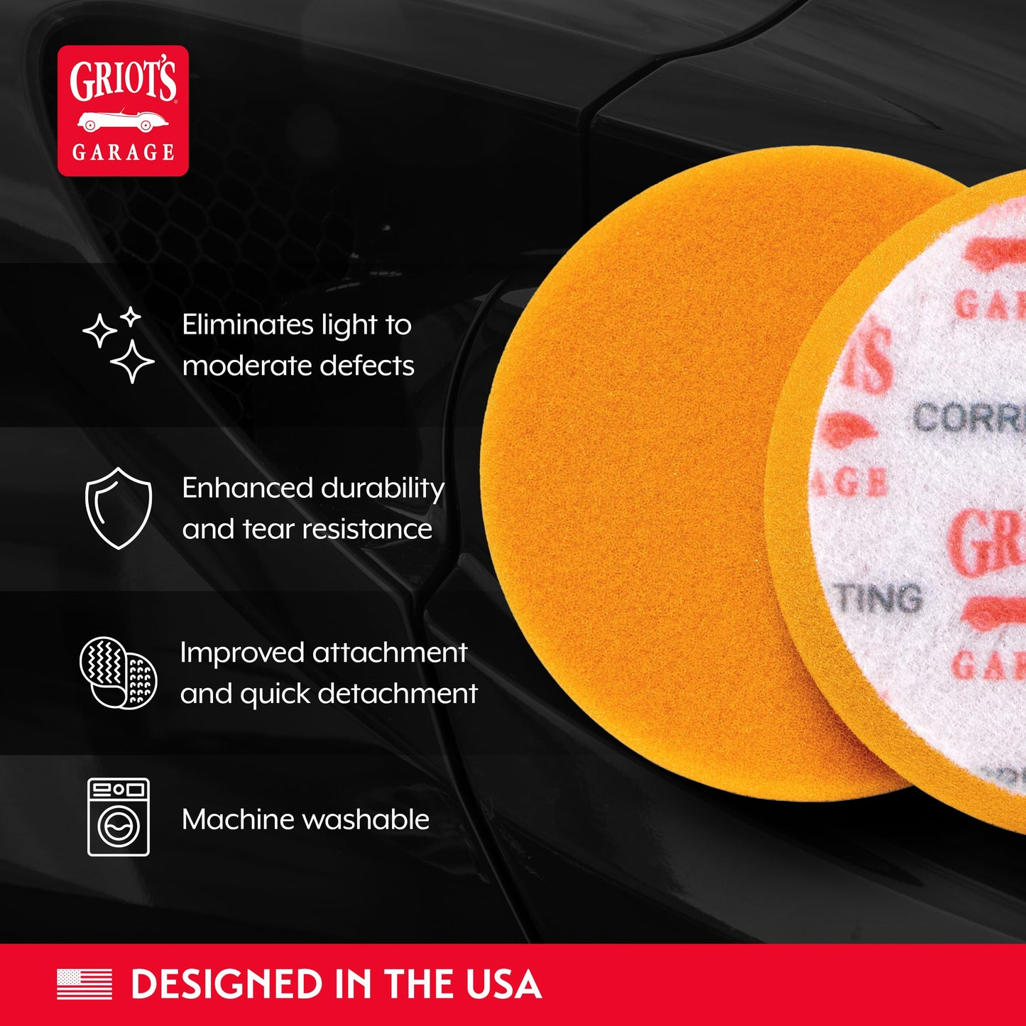 Griot's Garage 3" Orange Foam Correcting Pads, 3-Pack, Machine-Washable, Removes Light to Moderate Paint Defects for Car Detailing