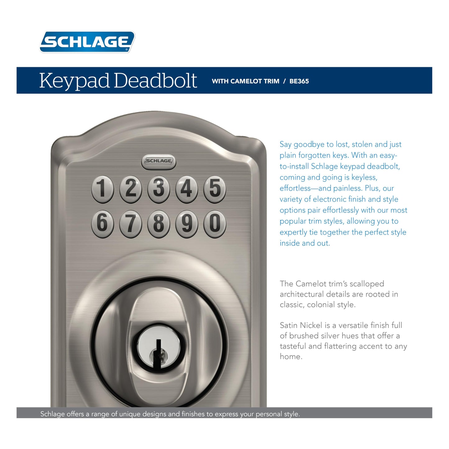 SCHLAGE BE365 CAM 622 Keypad Electronic Deadbolt, Matte Black