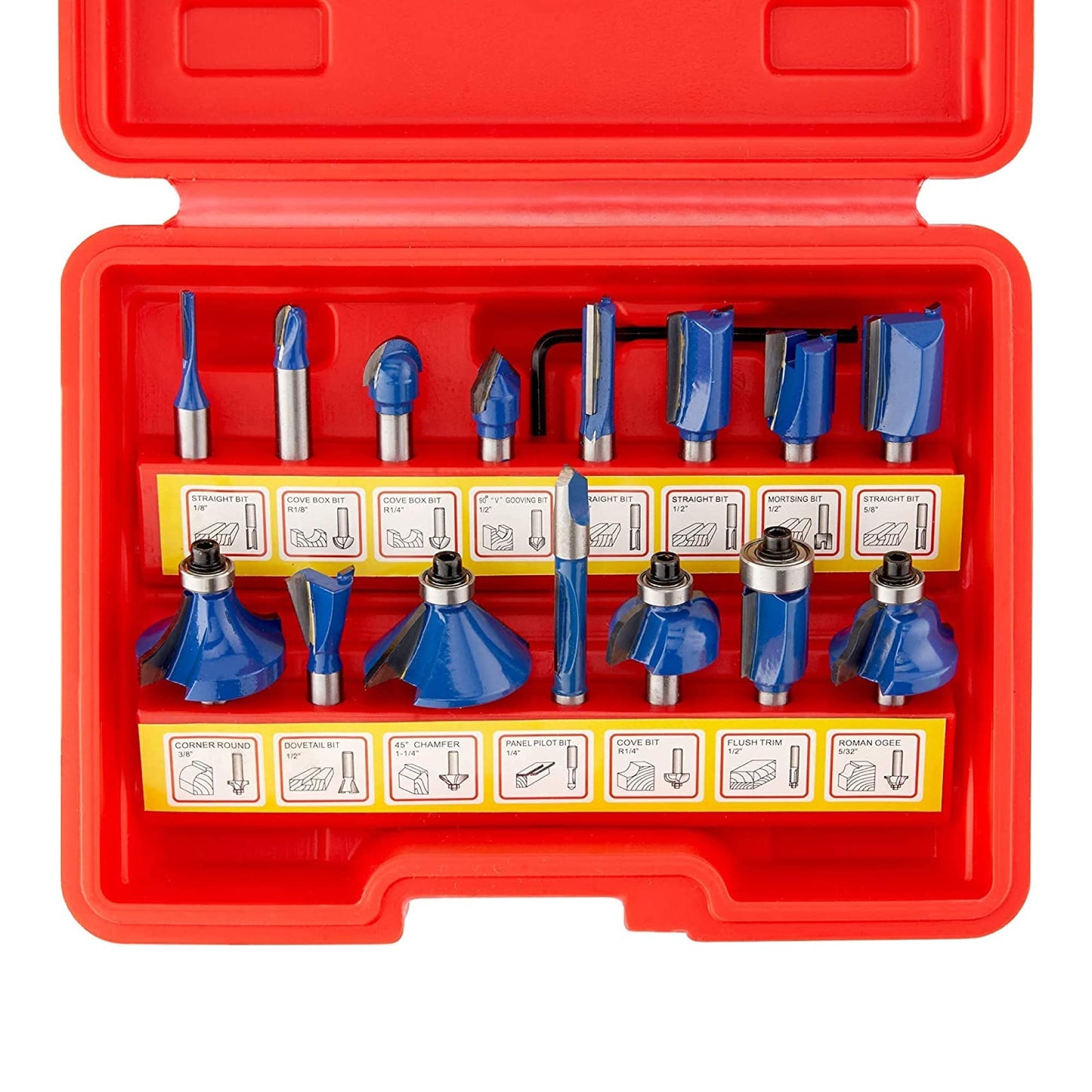 HILTEX 15-Piece Tungsten Carbide Router Bit Set, 1/4” Shank, Woodworking Chamfer Bits, Durable Blue Finish