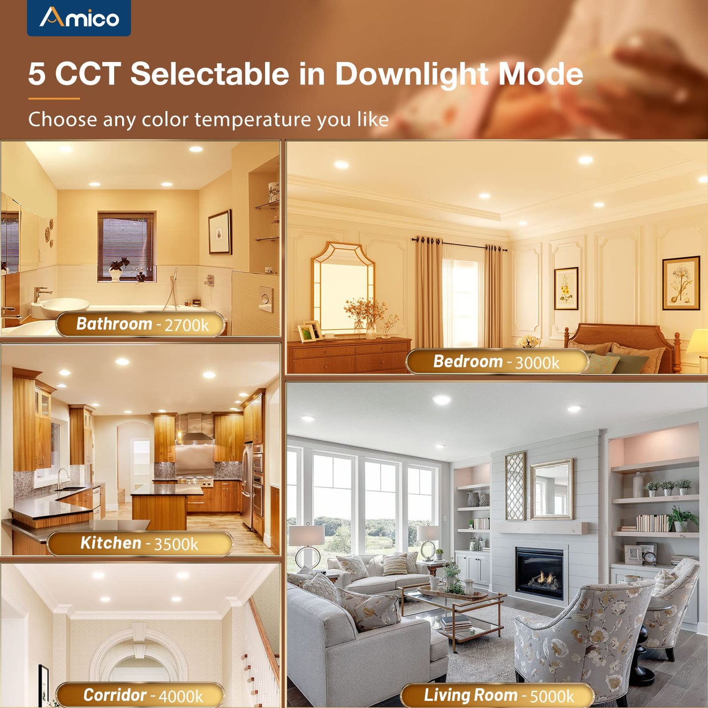 Amico 24-Pack 6" 5CCT LED Recessed Ceiling Light with Night Light, 12W=110W Dimmable Canless Wafer Downlight, ETL & FCC