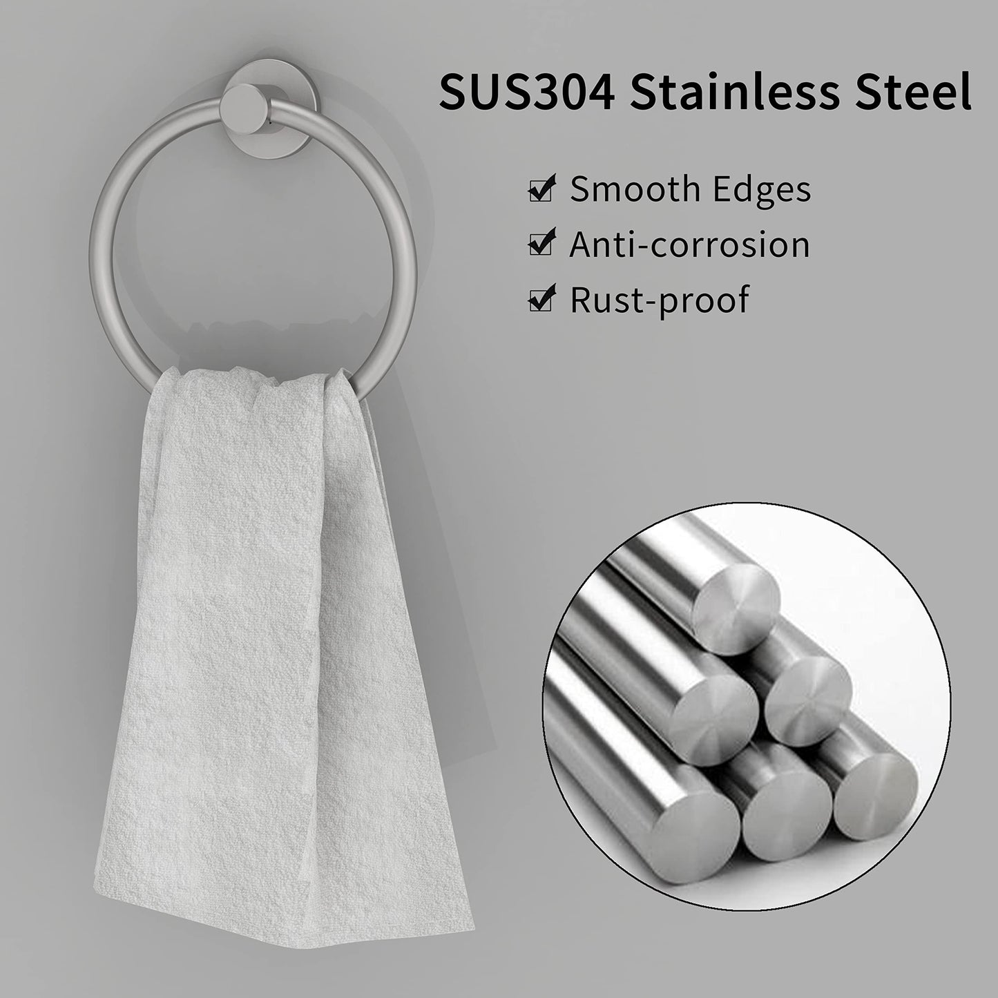 RARXTR Brushed Nickel Towel Ring, Hand Towel Holder for Bathroom Kitchen Modern Rounded Base Wall Mount SUS304 Stainless Steel