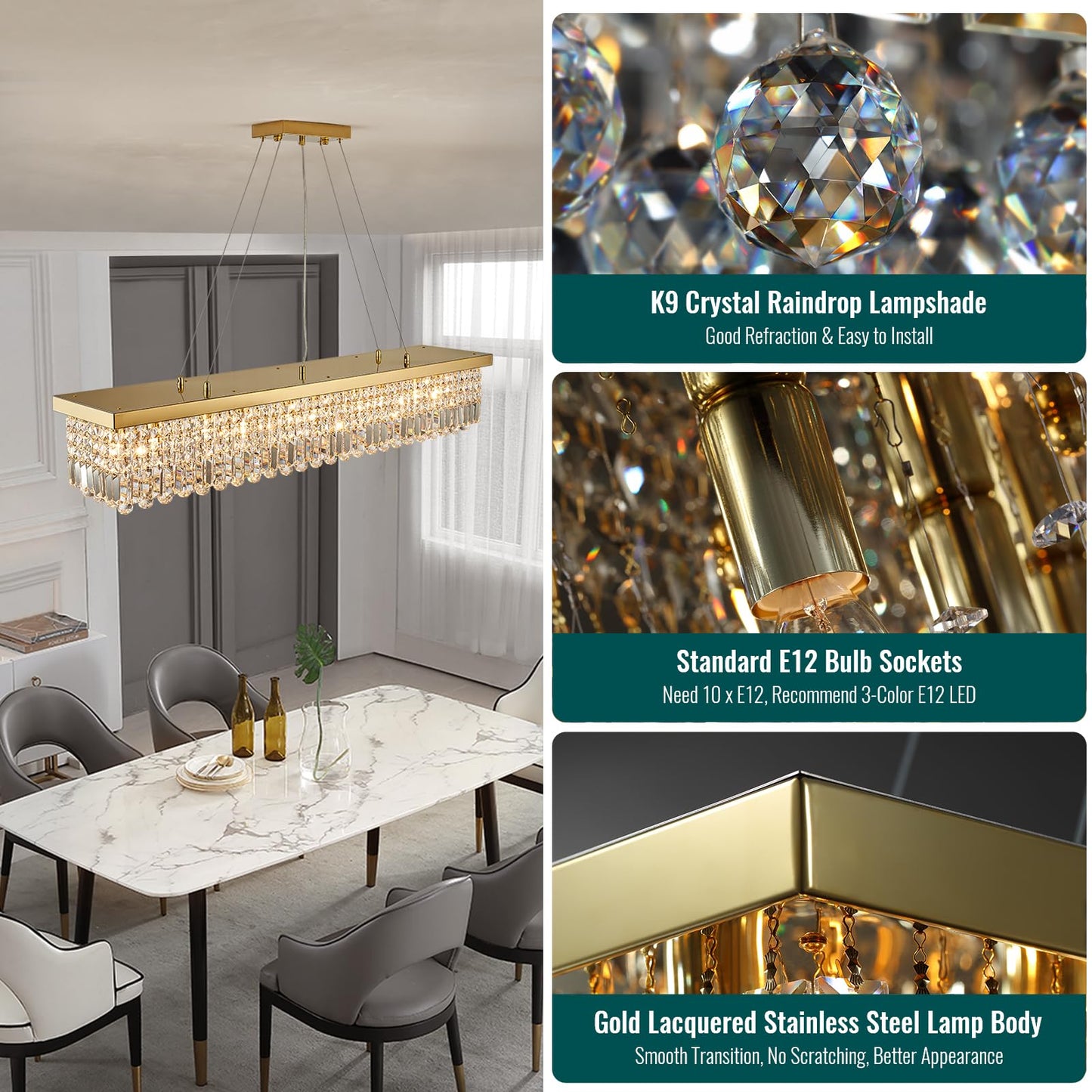 Siljoy 10-Light Modern Gold Crystal Chandelier, Rectangular Raindrop Pendant Ceiling Light for Dining Room, Kitchen Island, Bar