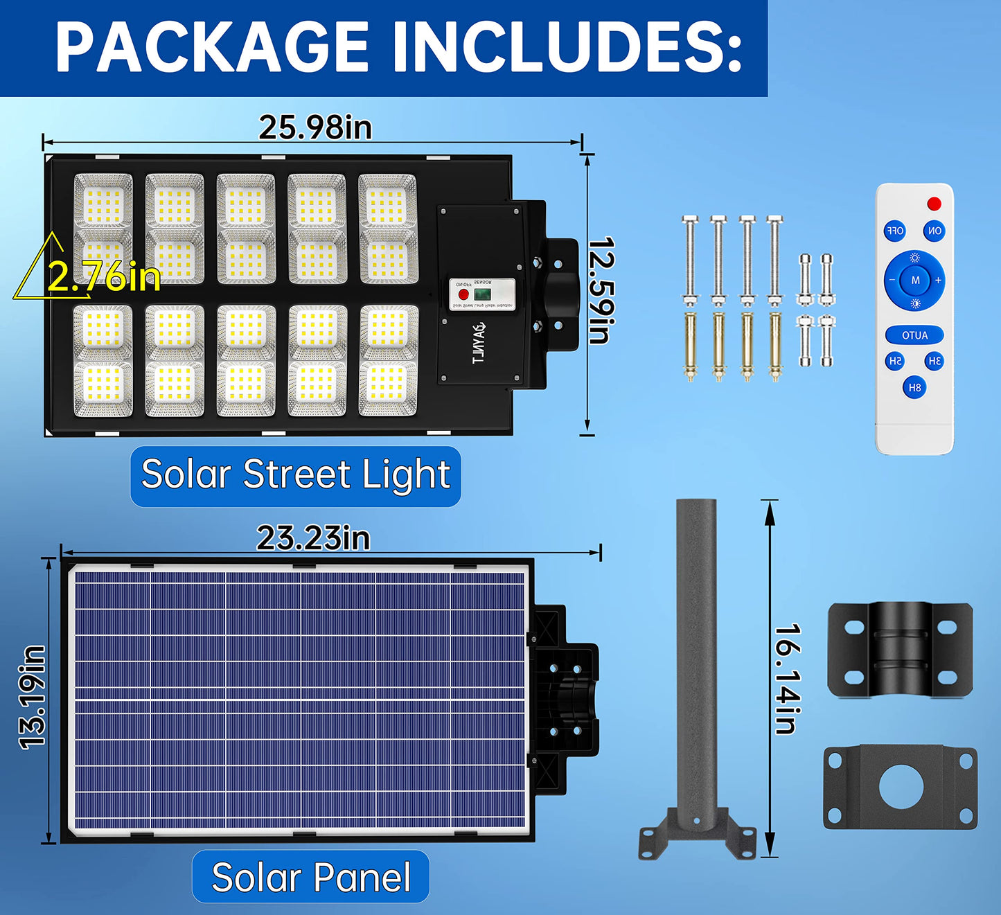 JAYNLT Y-5200W Solar Street Light, 520,000LM 6500K, Motion Sensor, Remote, Waterproof Flood Light for Yard, Garage, Driveway
